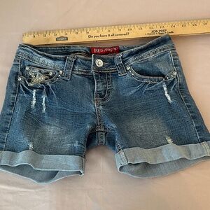 Red Rivet Distressed Rolled Cuff Denim Shorts - Blue